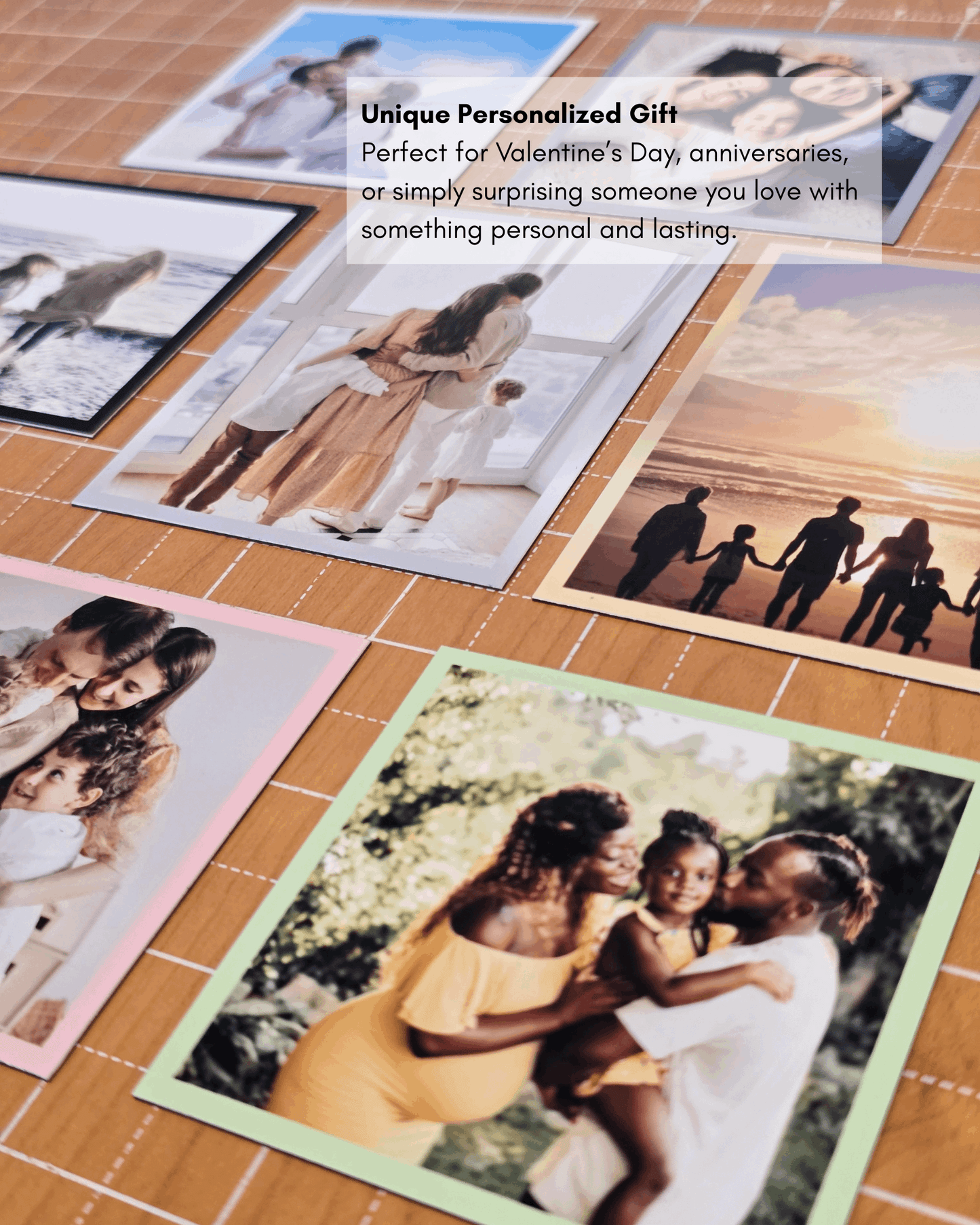 Personalized custom photo magnets arranged on table, perfect as a unique gift for anniversaries, Valentine’s Day, or special occasions.