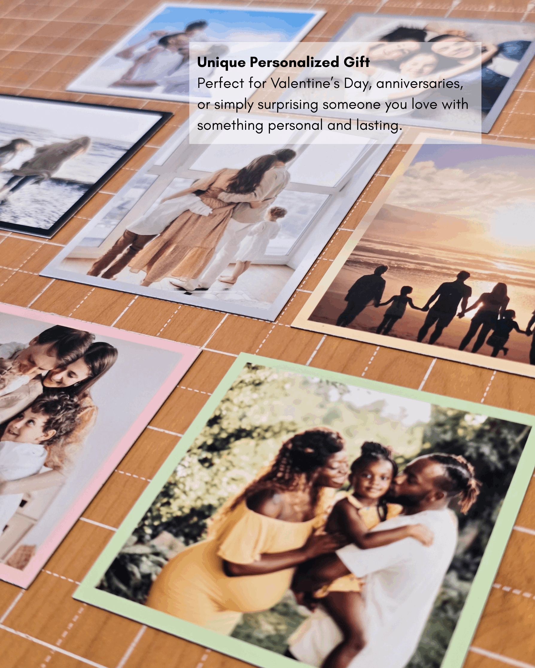 Personalized custom photo magnets arranged on table, perfect as a unique gift for anniversaries, Valentine’s Day, or special occasions.