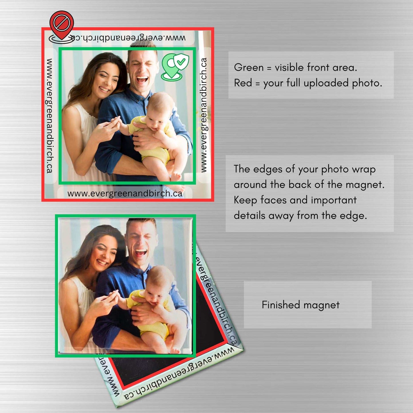 Photo upload guide for custom hard photo magnets showing visible front area and wrapped edges around the back.