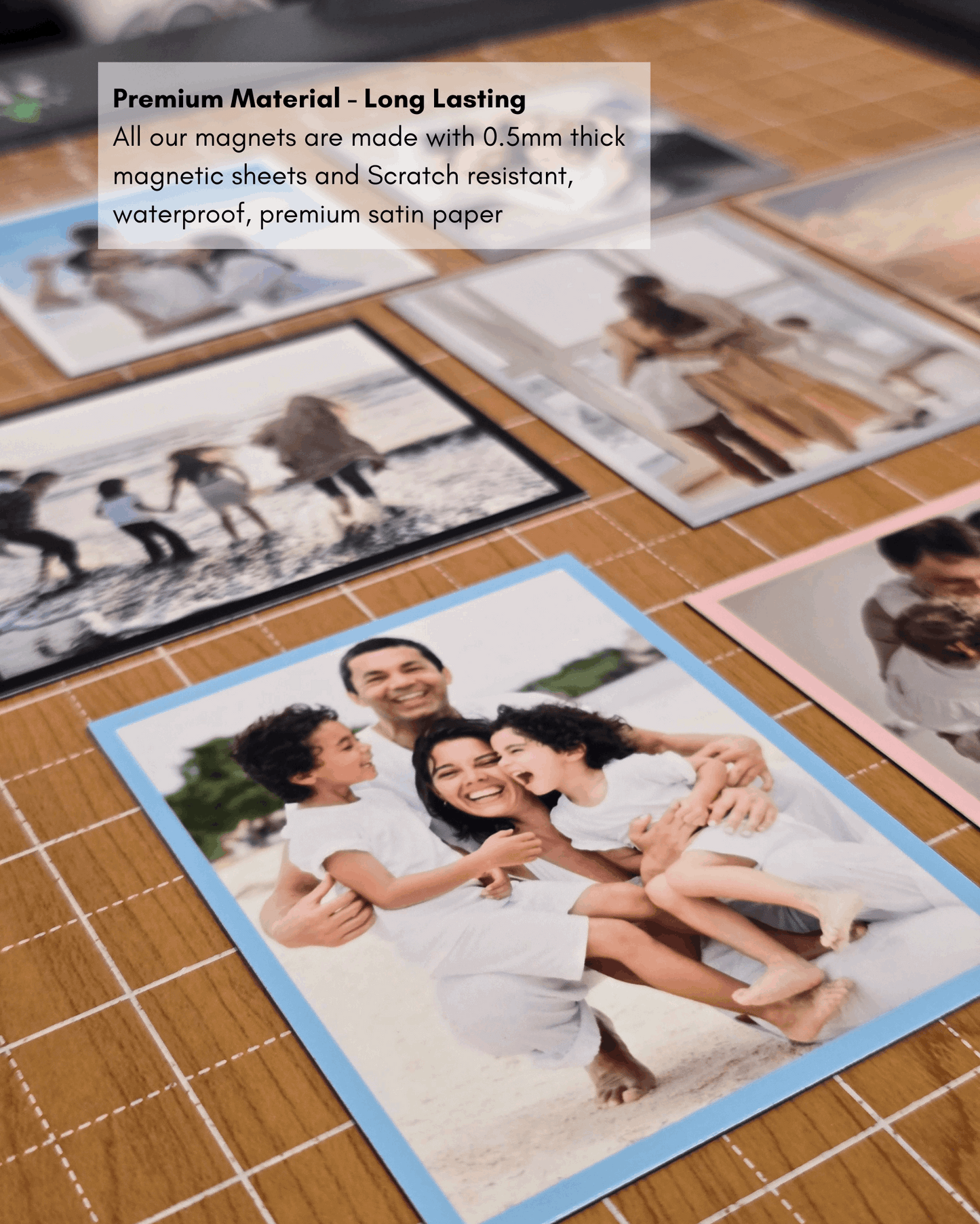 Premium custom photo magnets made with thick 0.5mm magnetic backing and scratch-resistant satin paper.