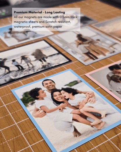 Premium custom photo magnets made with thick 0.5mm magnetic backing and scratch-resistant satin paper.