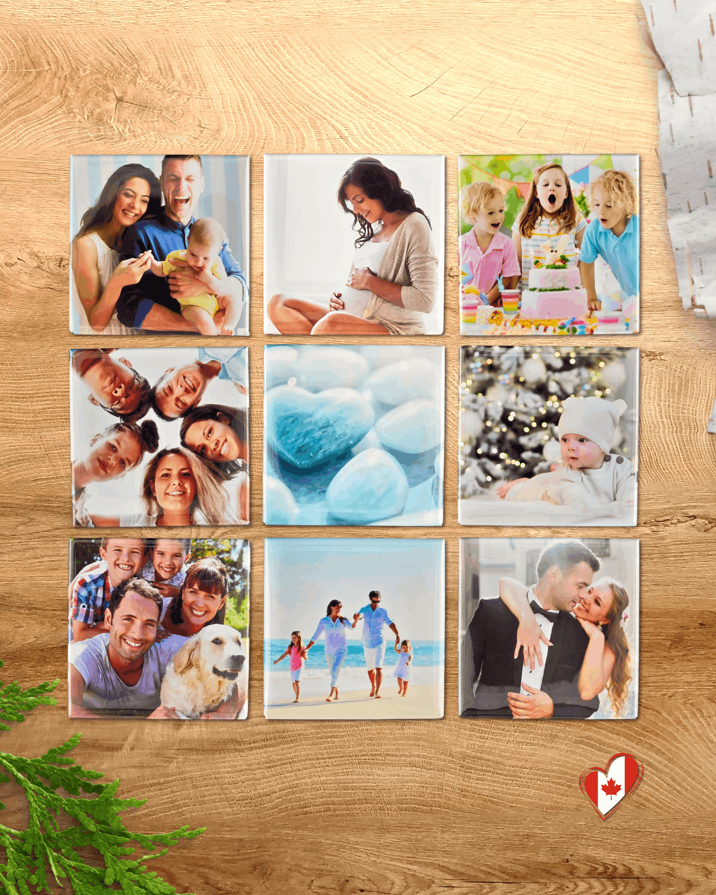 Premium custom hard photo magnets 50x50mm with glossy mylar finish, machine-pressed square fridge magnets.