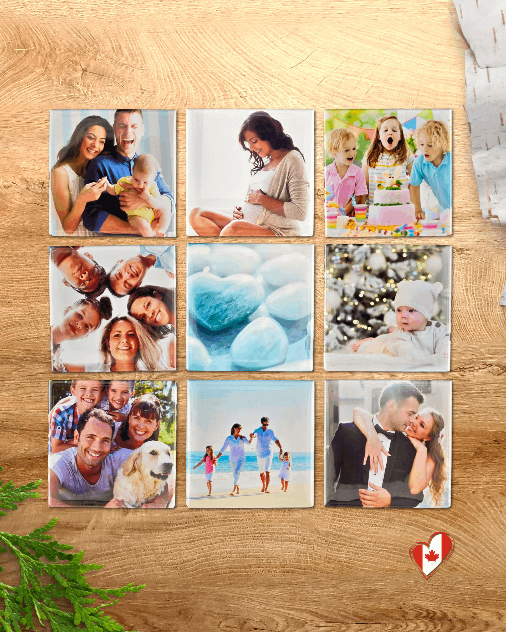 Premium custom hard photo magnets 50x50mm with glossy mylar finish, machine-pressed square fridge magnets.