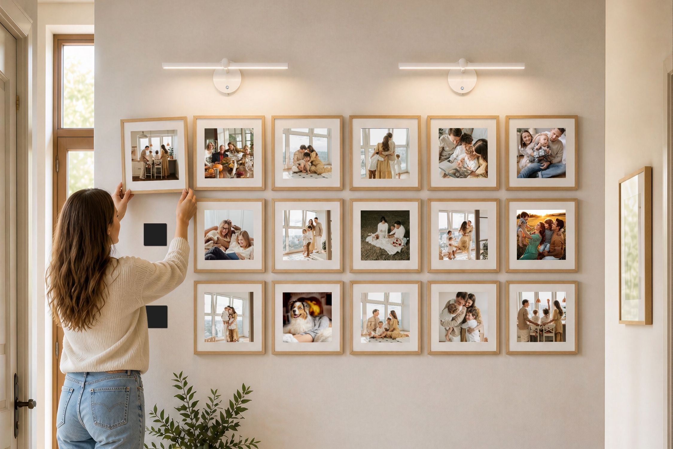 removable magnetic photo frames being applied to the wall in a clean grid gallery layout, easy peel and stick installation