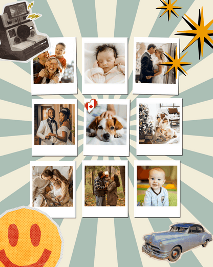 Retro custom photo magnets in vintage instant photo style displayed as a personalized fridge magnet set.
