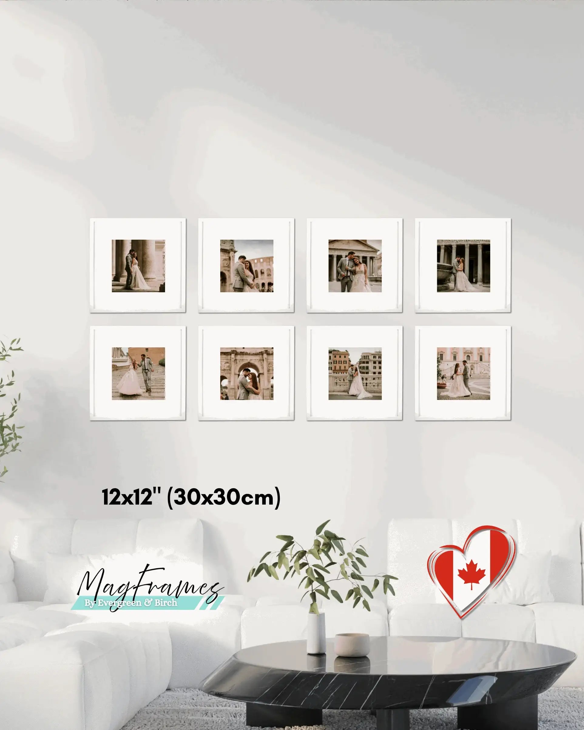 Square 12x12 white MagFrames magnetic peel and stick photo frames styled as a wedding gallery wall in a bright modern home.