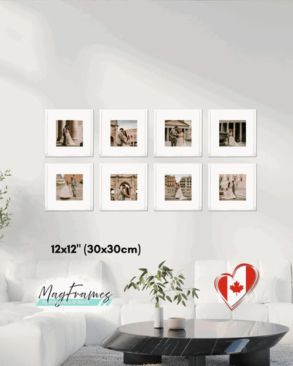 Square 12x12 white MagFrames magnetic peel and stick photo frames styled as a wedding gallery wall in a bright modern home.