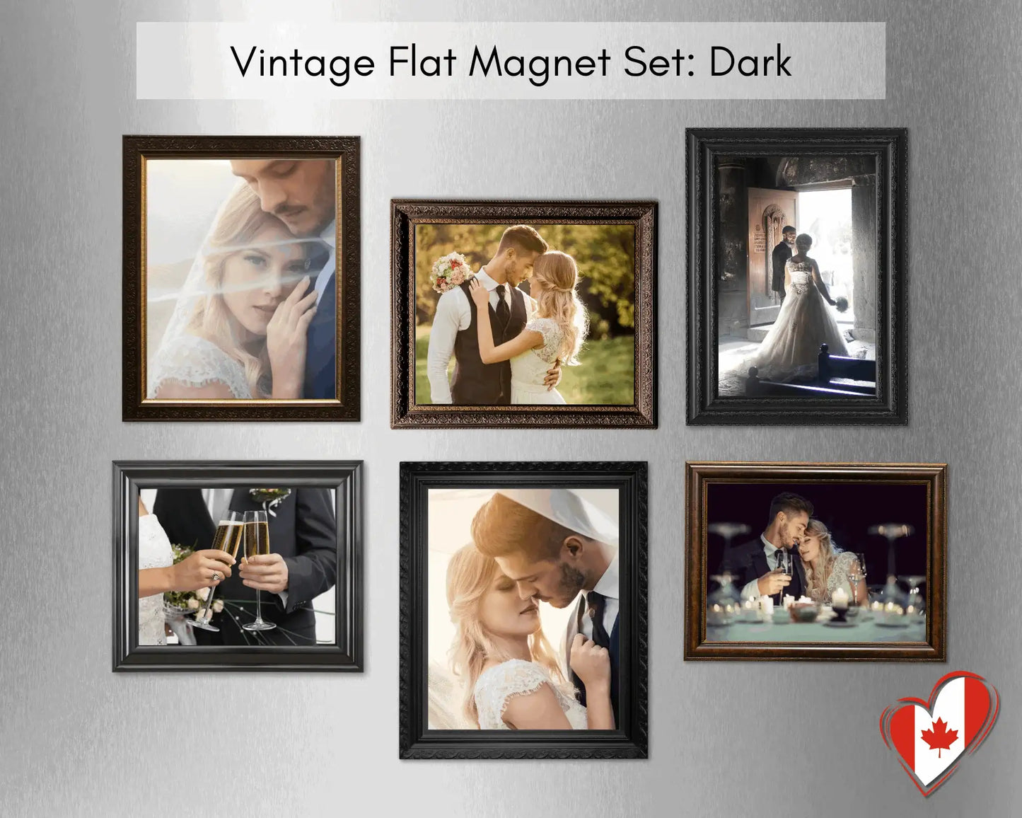 Vintage flat photo magnet set Dark with six custom refrigerator photo magnets in black and deep wood frame styles.