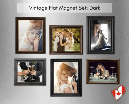 Vintage flat photo magnet set Dark with six custom refrigerator photo magnets in black and deep wood frame styles.