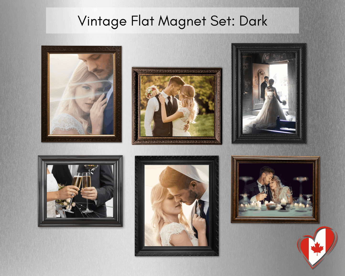 Vintage flat photo magnet set Dark with six custom refrigerator photo magnets in black and deep wood frame styles.