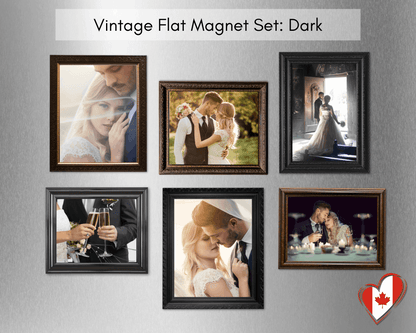 Vintage flat photo magnet set Dark with six custom refrigerator photo magnets in black and deep wood frame styles.