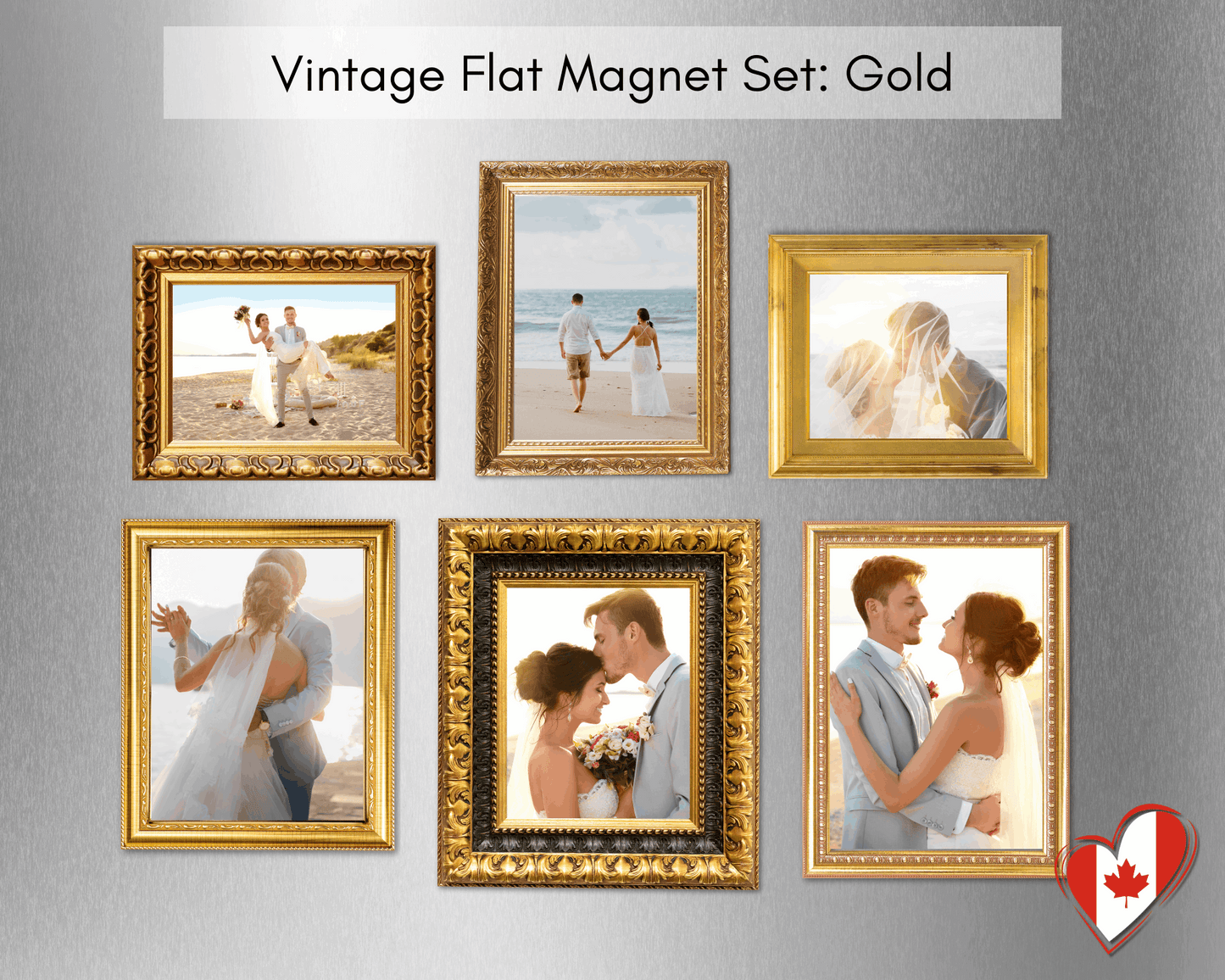 Vintage flat photo magnet set in gold frame styles with six custom refrigerator photo magnets.