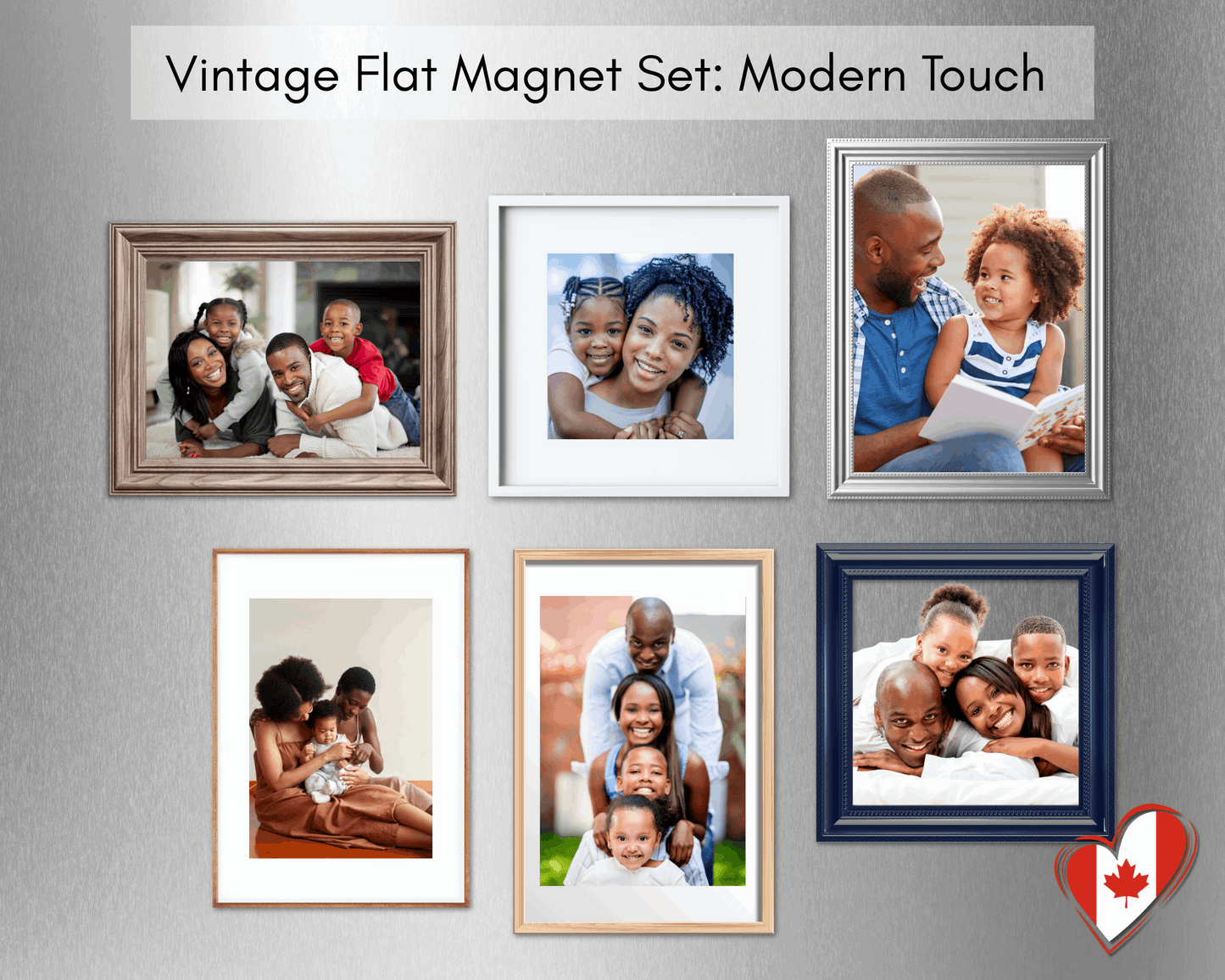Vintage flat photo magnet set Modern Touch with six custom refrigerator photo magnets in contemporary frame styles.