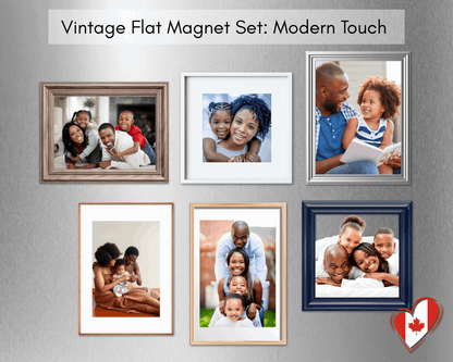 Vintage flat photo magnet set Modern Touch with six custom refrigerator photo magnets in contemporary frame styles.