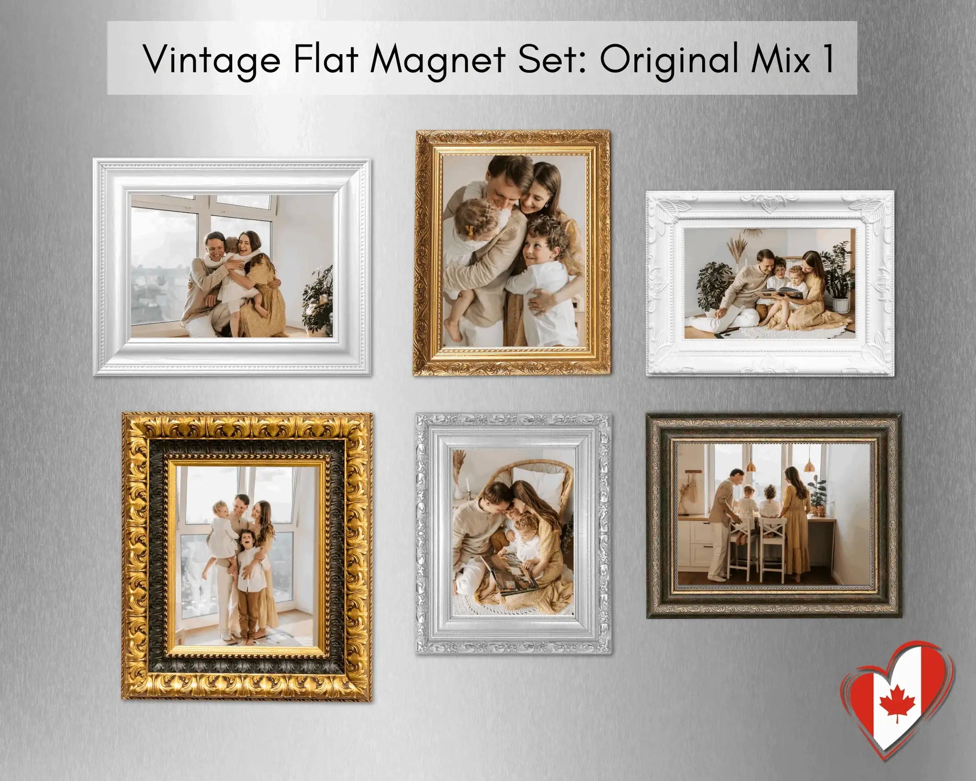 Vintage flat photo magnet set Original Mix 1 with six custom framed refrigerator magnets in assorted styles.