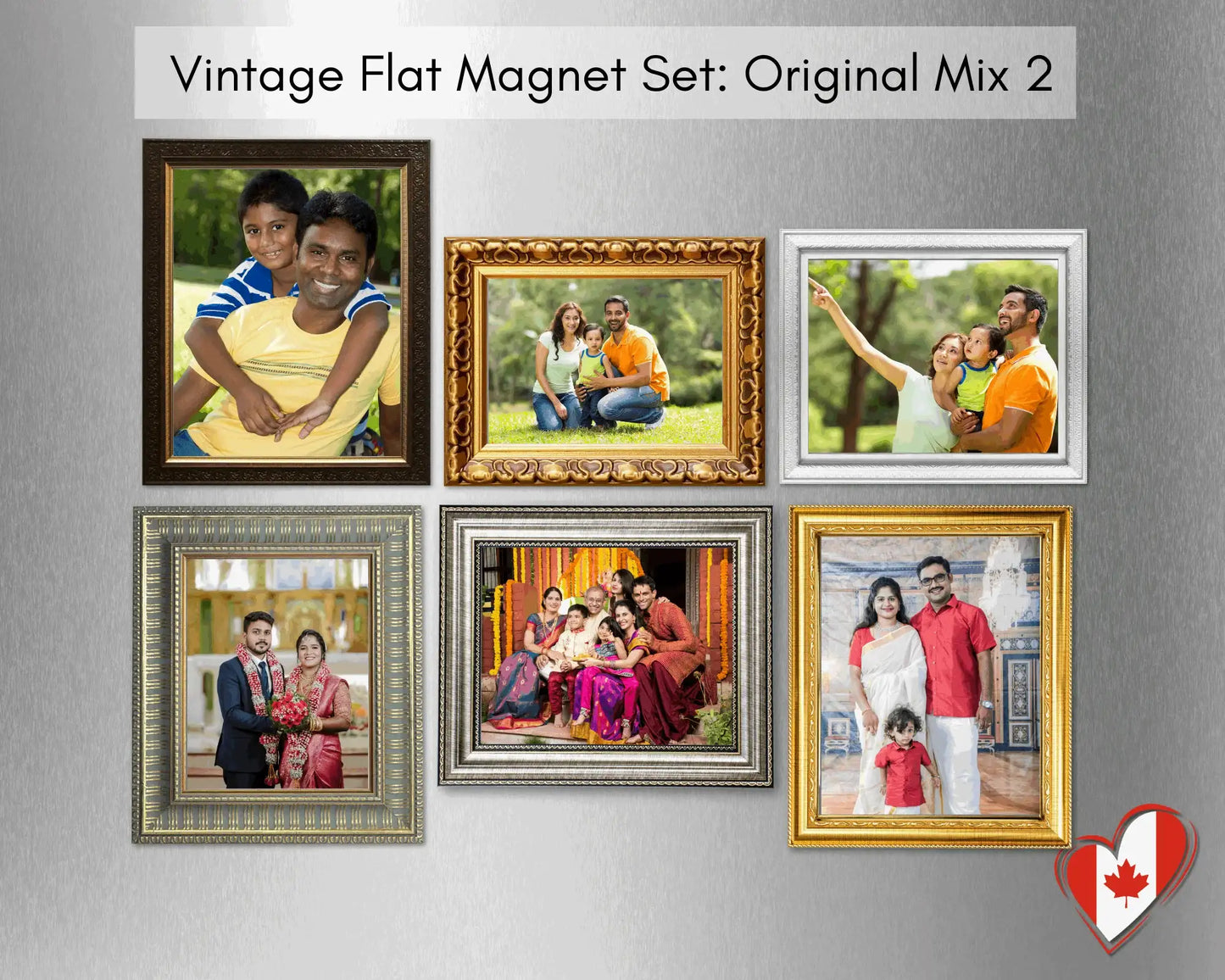 Vintage flat photo magnet set Original Mix 2 with six custom refrigerator photo magnets in assorted vintage frame styles.