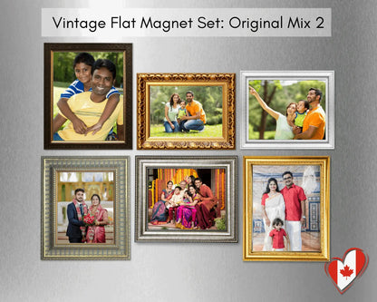 Vintage flat photo magnet set Original Mix 2 with six custom refrigerator photo magnets in assorted vintage frame styles.