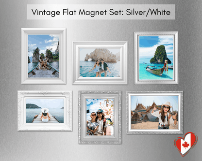 Vintage flat photo magnet set Silver and White with six custom refrigerator photo magnets in light frame styles.