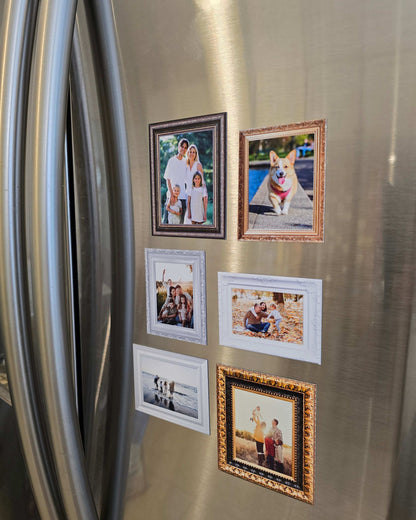 Set of six custom vintage frame photo magnets displayed on refrigerator creating a small fridge gallery wall.