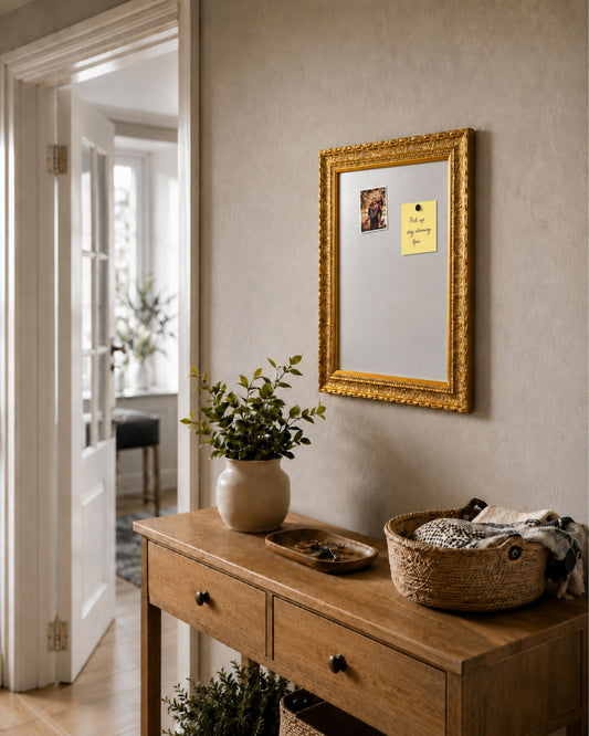 Vintage gold framed magnet board in a cozy hallway above a wooden console table, styled with notes, photos, greenery, and home decor.