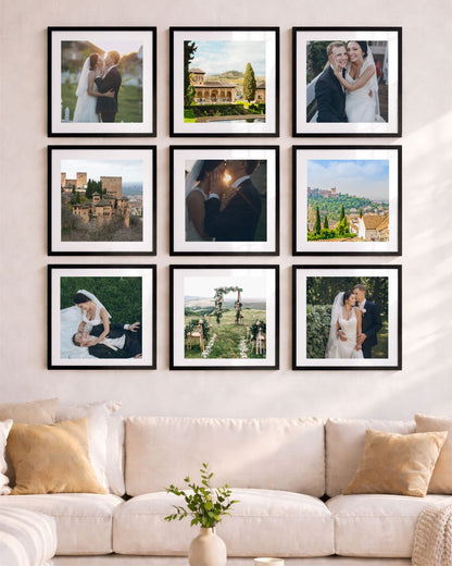 3x3 gallery wall of 12x12 black magnetic photo frames with wedding photos above a beige sofa