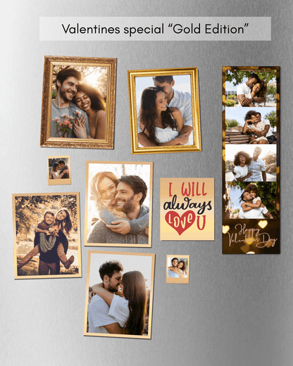Collection of framed photos and a decorative sign on a gray wall with 'Valentines special Gold Edition' text.