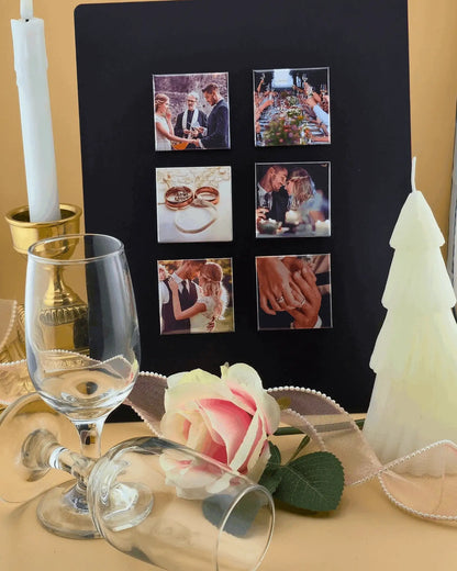 Custom hard photo magnets 50x50mm displayed as wedding keepsake magnets with glossy finish.