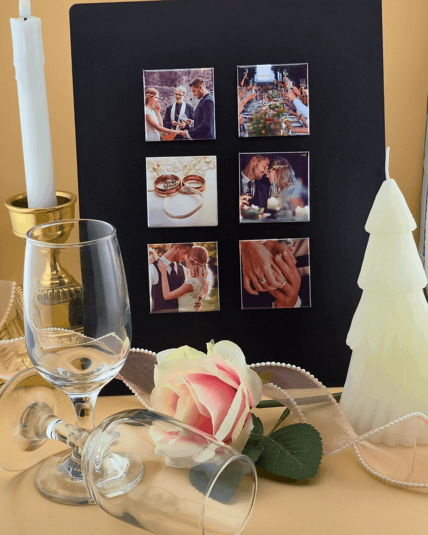 Custom hard photo magnets 50x50mm displayed as wedding keepsake magnets with glossy finish.