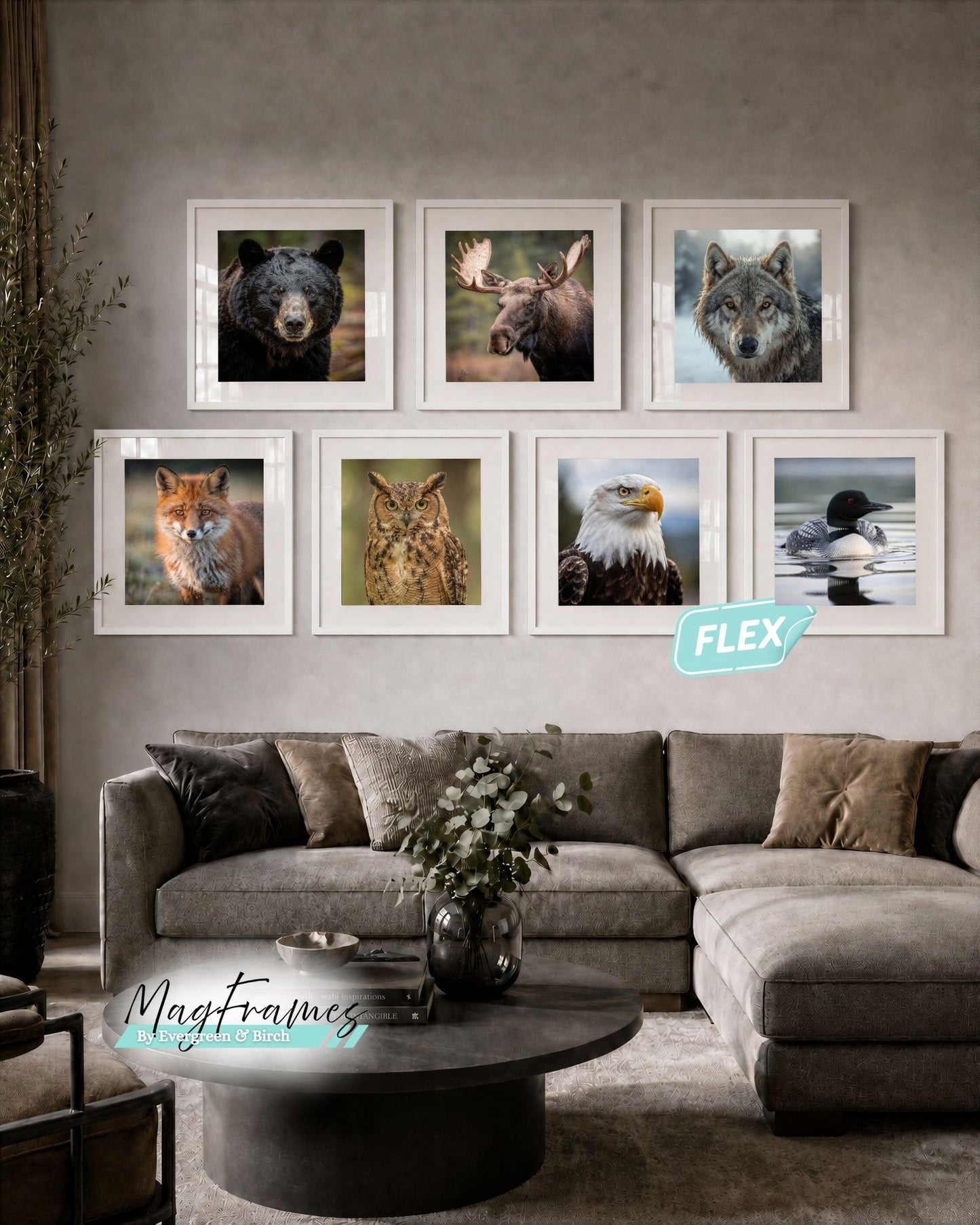 White MagFrames Flex interchangeable picture frames displaying Canadian animal portraits in a cozy living room gallery wall.