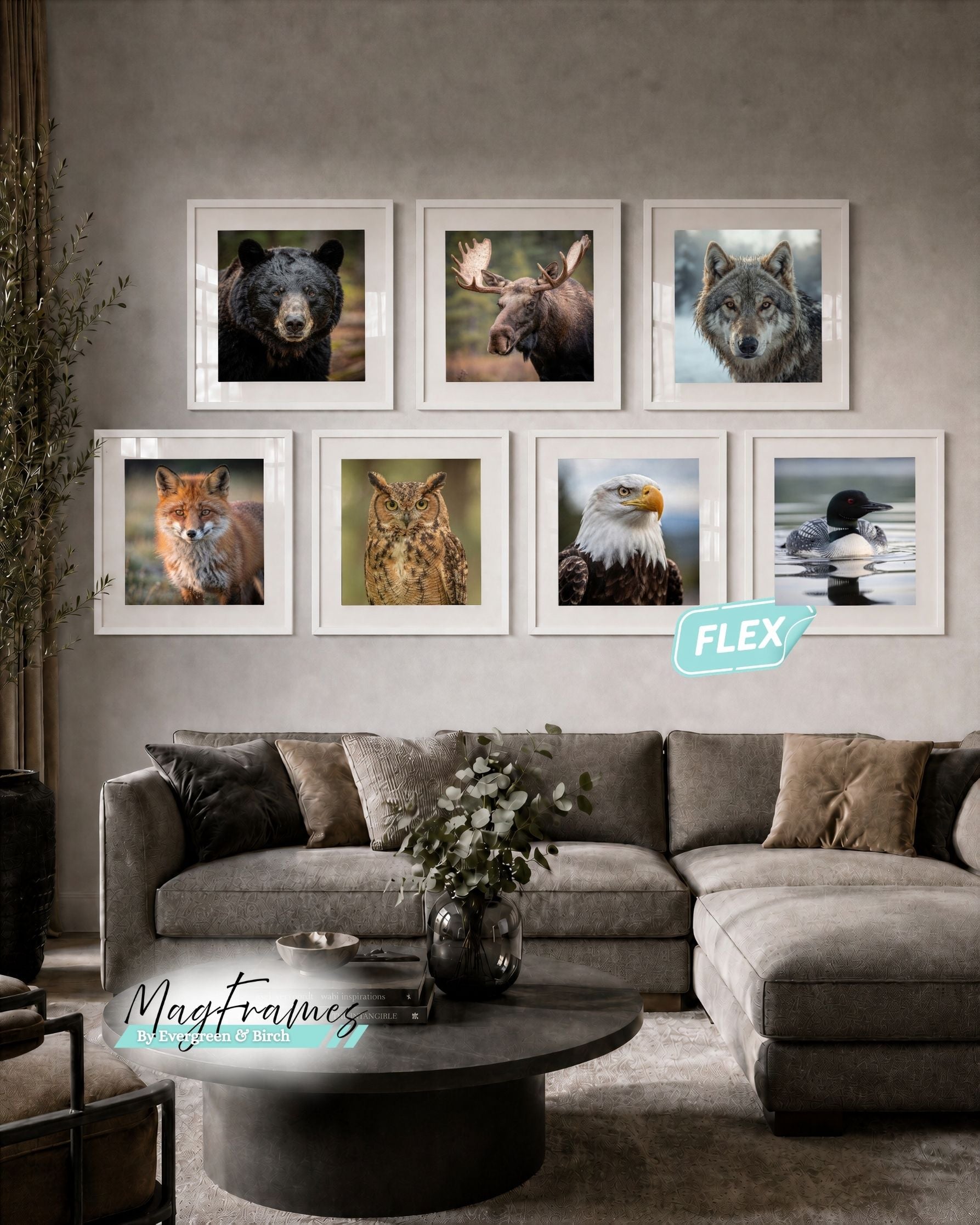 White MagFrames Flex interchangeable picture frames displaying Canadian animal portraits in a cozy living room gallery wall.