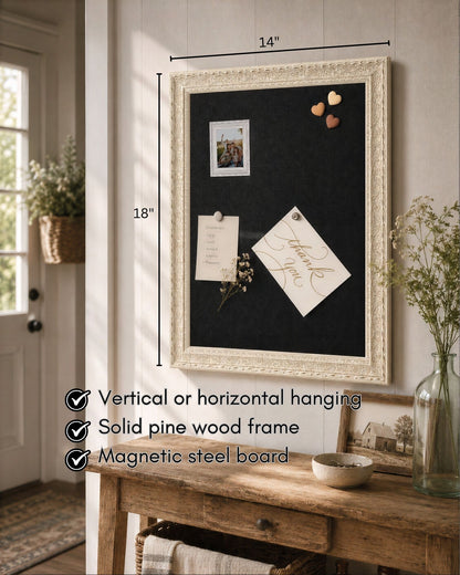 14x18 white vintage magnetic memo board with solid pine wood frame, dark graphite magnetic steel surface, photos, notes, and vertical or horizontal hanging.