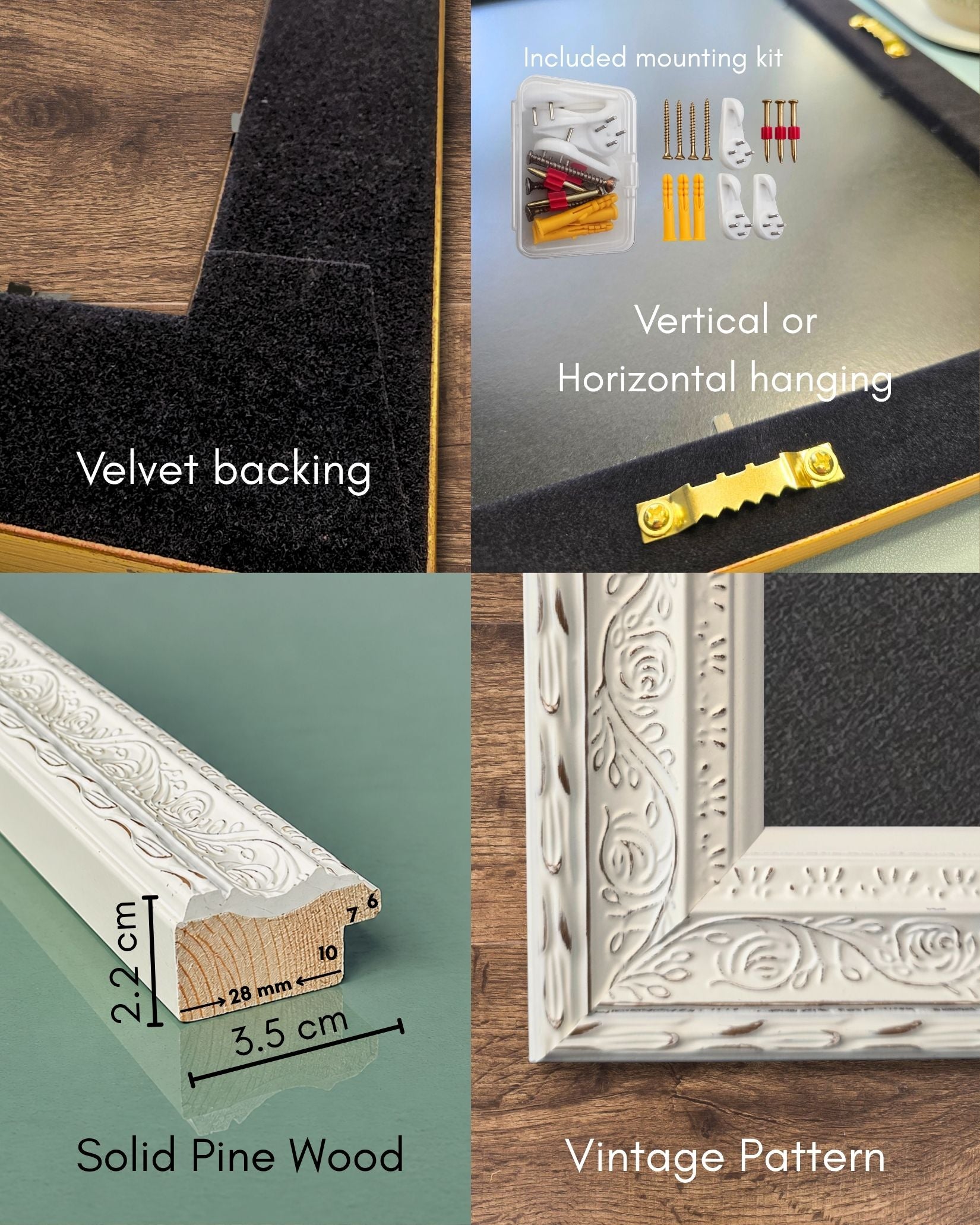 White vintage magnetic memo board product details with velvet backing, included mounting kit, vertical or horizontal hanging, solid pine wood frame, and vintage pattern.
