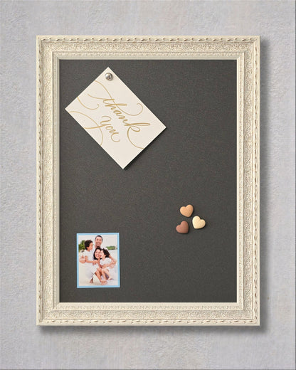 White vintage magnetic memo board with graphite powder coated magnetic steel surface, decorative solid wood frame, photo, note, and heart magnets.