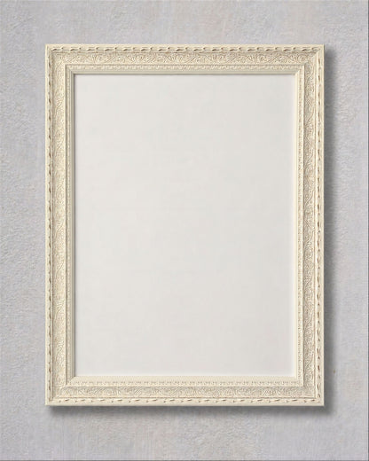 White vintage magnetic memo board with ice white powder coated magnetic steel surface and decorative solid pine wood frame.