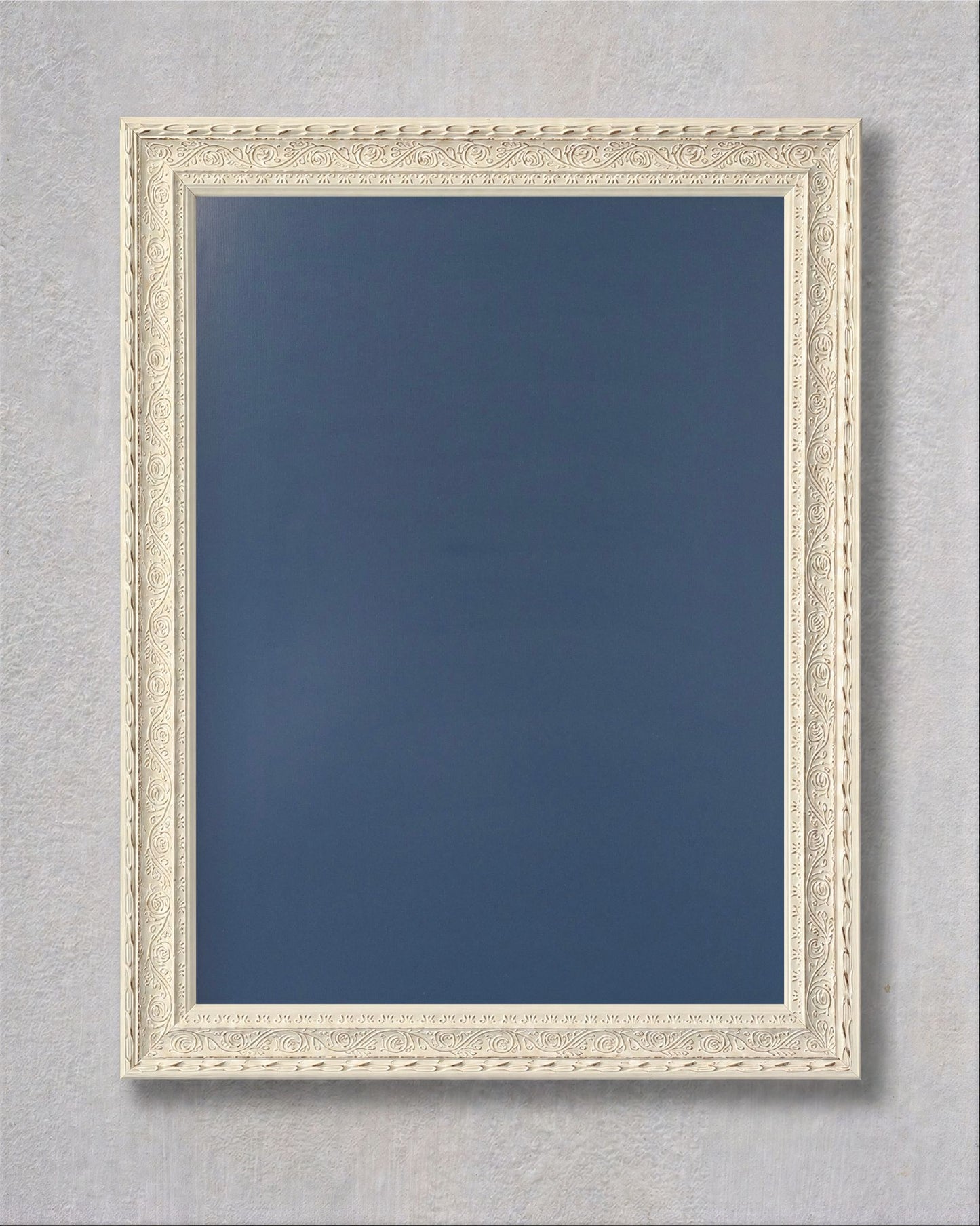 White vintage magnetic memo board with navy blue powder coated magnetic steel surface and decorative solid wood frame.
