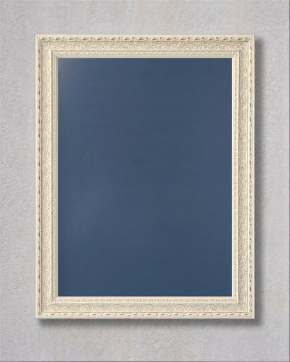White vintage magnetic memo board with navy blue powder coated magnetic steel surface and decorative solid wood frame.