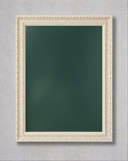 White vintage magnetic memo board with royal green powder coated magnetic steel surface and decorative solid wood frame.