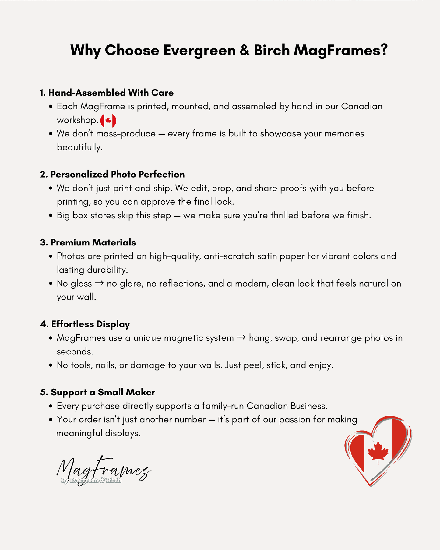 Infographic explaining why choose Evergreen & Birch MagFrames including hand-assembled Canadian craftsmanship, premium materials and magnetic peel and stick system.
